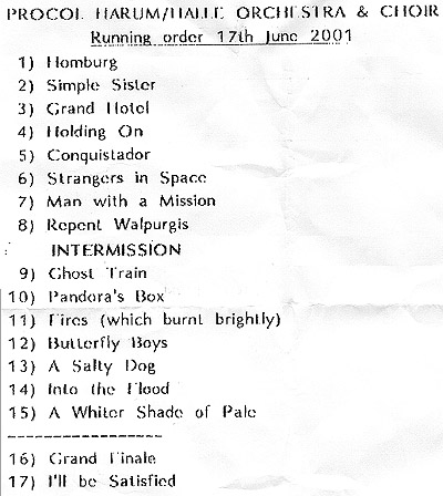 Setlist as FAXed by Gary to the Hall on 13 June 2001