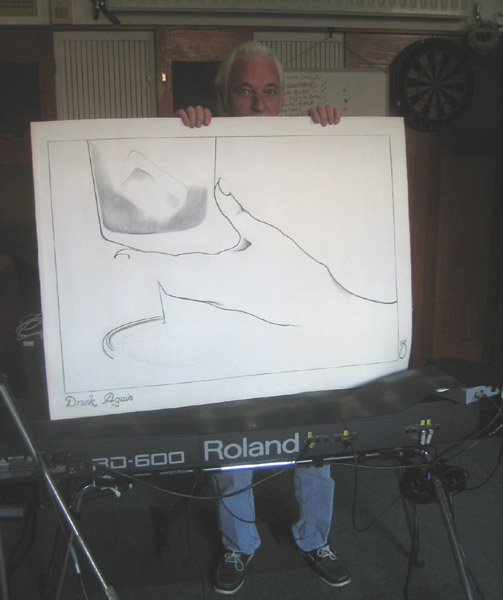 'Wot no frame'? Gary Brooker hold the picture up in his barn, above his RD 600 piano