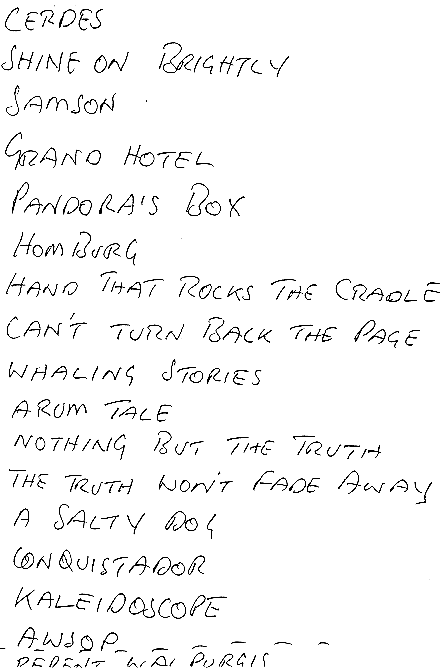 Setlist in Mr Brooker's handwriting